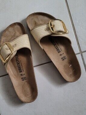 Birkenstock Beige Woven Single-Strap Slide with Gold Buckle